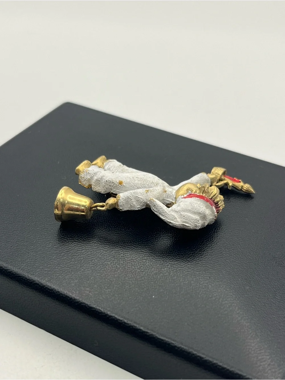 Christmas figural child carrying candle & bell enamel gold tone brooch pin